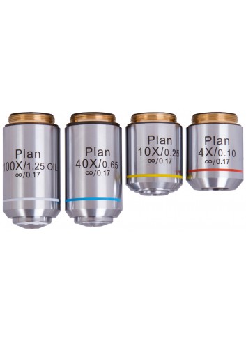 Juego de objetivos Plan Levenhuk 1000, con aumentos de 4x, 10x, 40xs, 100xs (aceite)